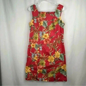 Caribbean Joe Tropical Print Cotton/Spandex blend Salmon Dress Size M Petite